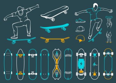 Set of Skateboards, Equipment, and Elements of Street Style