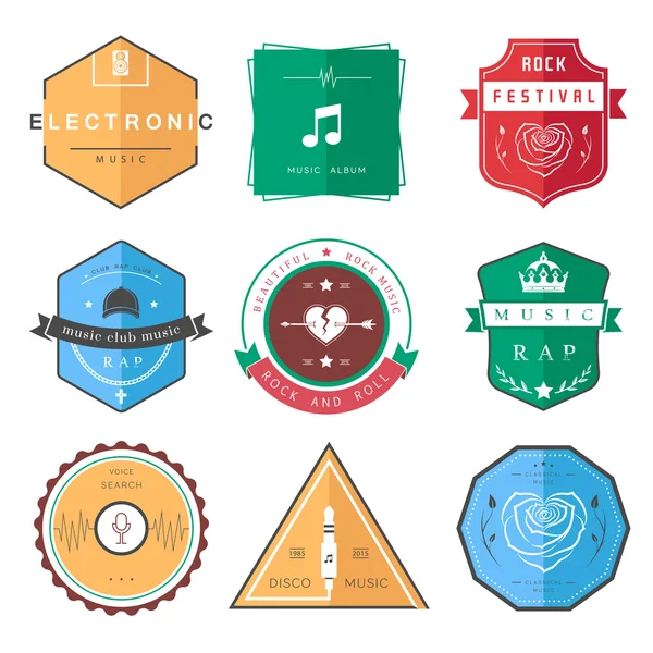 Vector Badges Rock, Rap, Classical and Disco Music — Stock Vector