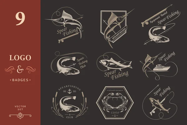 Grand ensemble de logos, insignes et icônes Spearfishing — Image vectorielle