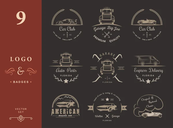 Set de insignias vintage club de coches y garaje — Vector de stock