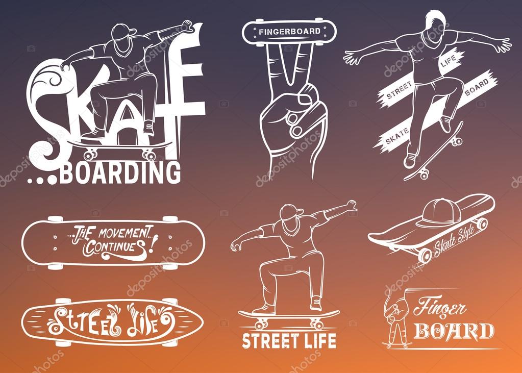 Set of skateboarding emblems, logo, badge, labels and designed elements. Collection sign street art, street life and graffiti