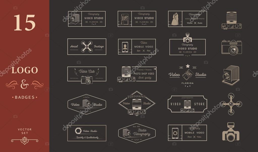 Big set of sign, logos and badges video studios, video clubs, air footage, video shops, wedding photo and video. Collection of symbols and emblems for your design - Stock Vector
