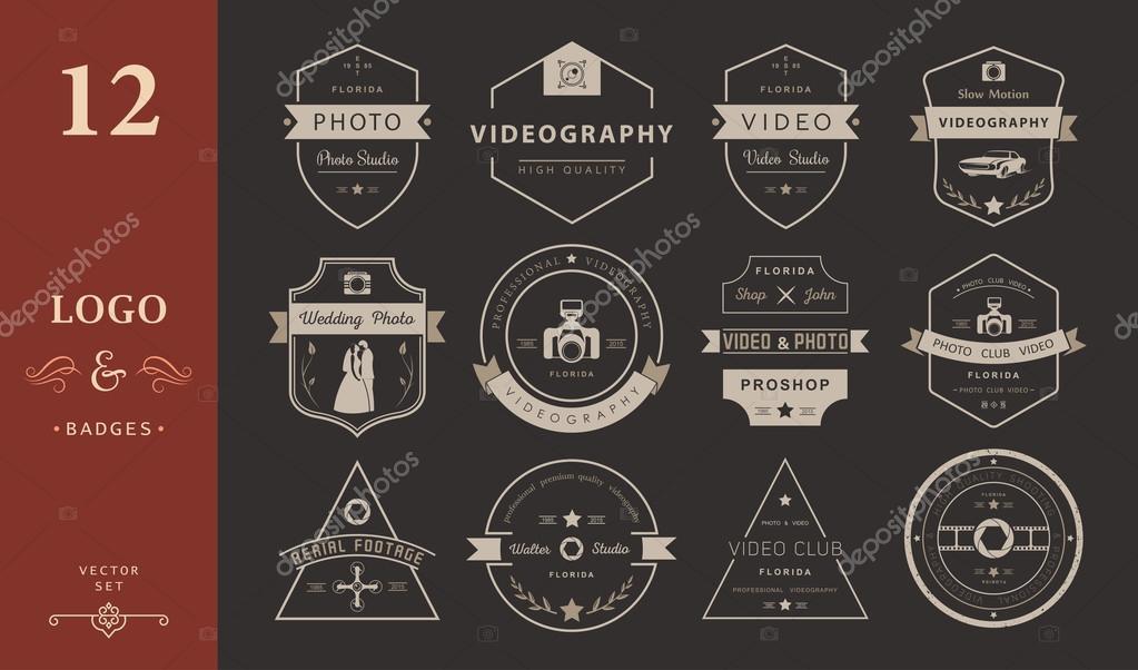 Vector collection of photography and videography logo templates. Photocam, wedding and aerial footage logotypes. Photography vintage badges and icons. Modern mass media icons. Photo labels.