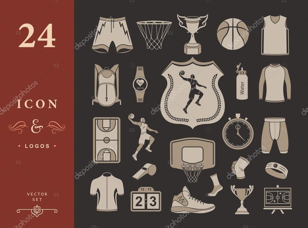 Basketball icon set - stock vector. Large set of symbols, logos and icons of basketball. Sports equipment, protection, trackers, silhouettes of players, uniforms, clothing and shoes.