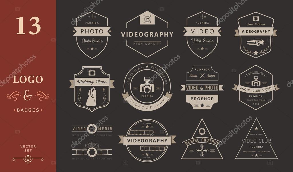 Vector collection of photography and videography logo templates. Photocam, wedding and aerial footage logotypes. Photography vintage badges and icons. Modern mass media icons. Photo labels.