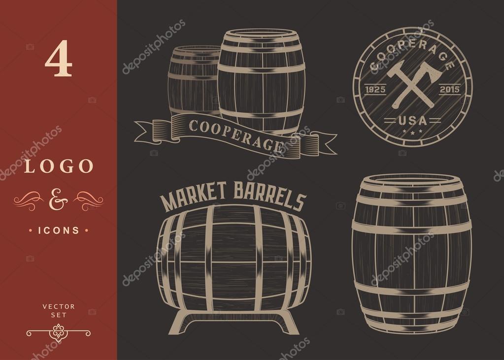 Vector set of badges and logos cooperage workshops. The collection of symbols and emblems - stock vector
