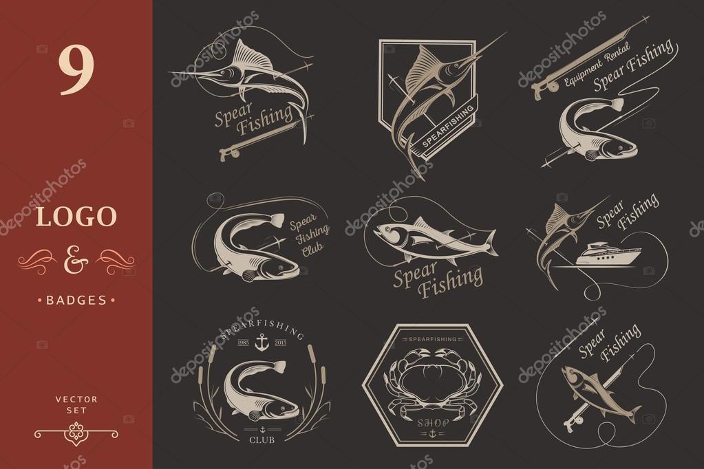 Big set of logos, badges, stickers and prints spearfishing on isolated background. Premium vector label for spearfishing and underwater swimming - Stock Vector