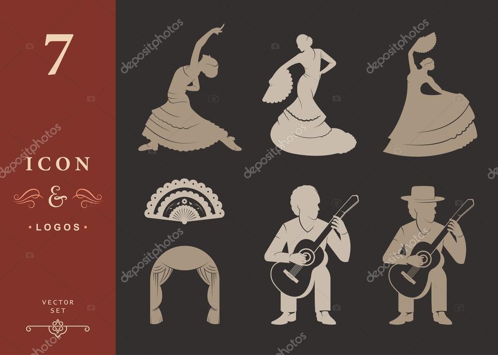 Set of vector silhouettes and templates of flamenco on isolated background. Collection Icons of traditional Spanish dance. Signs of dancers, guitarists and Fan