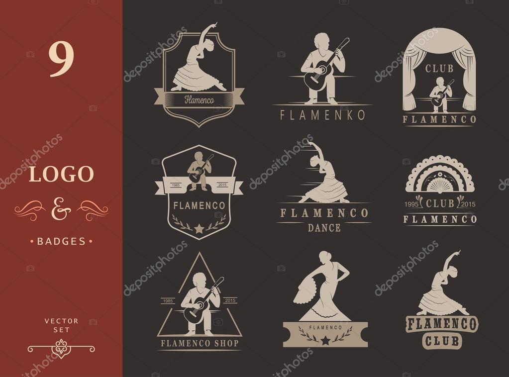 Set of vector logos, badges and silhouettes Flamenco. Collection emblems of traditional Spanish dance, signs school, clubs, shops and studios flamenco isolated on a white background