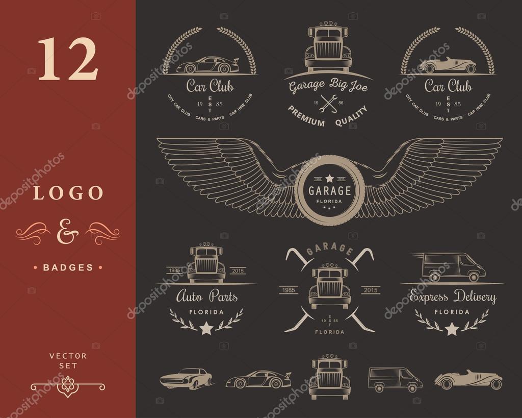 Set of vintage car club, drift club, auto parts and garage labels, badges and design elements. Badges trucks, vintage cars and sports cars.