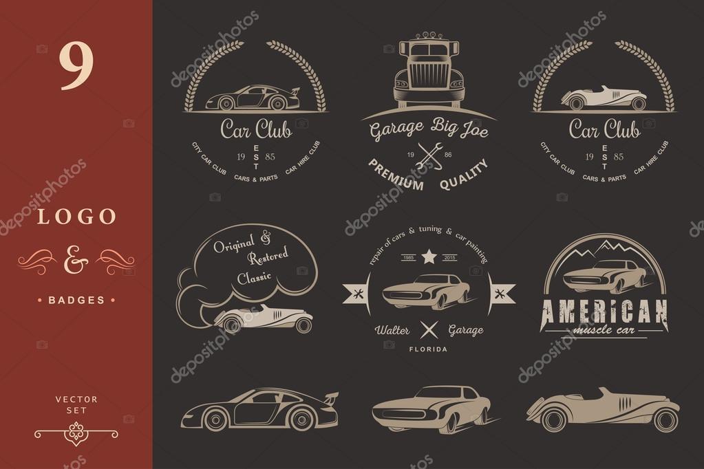 Set of vintage car club, drift club, auto parts and garage labels, badges and design elements. Badges trucks, vintage cars and sports cars.