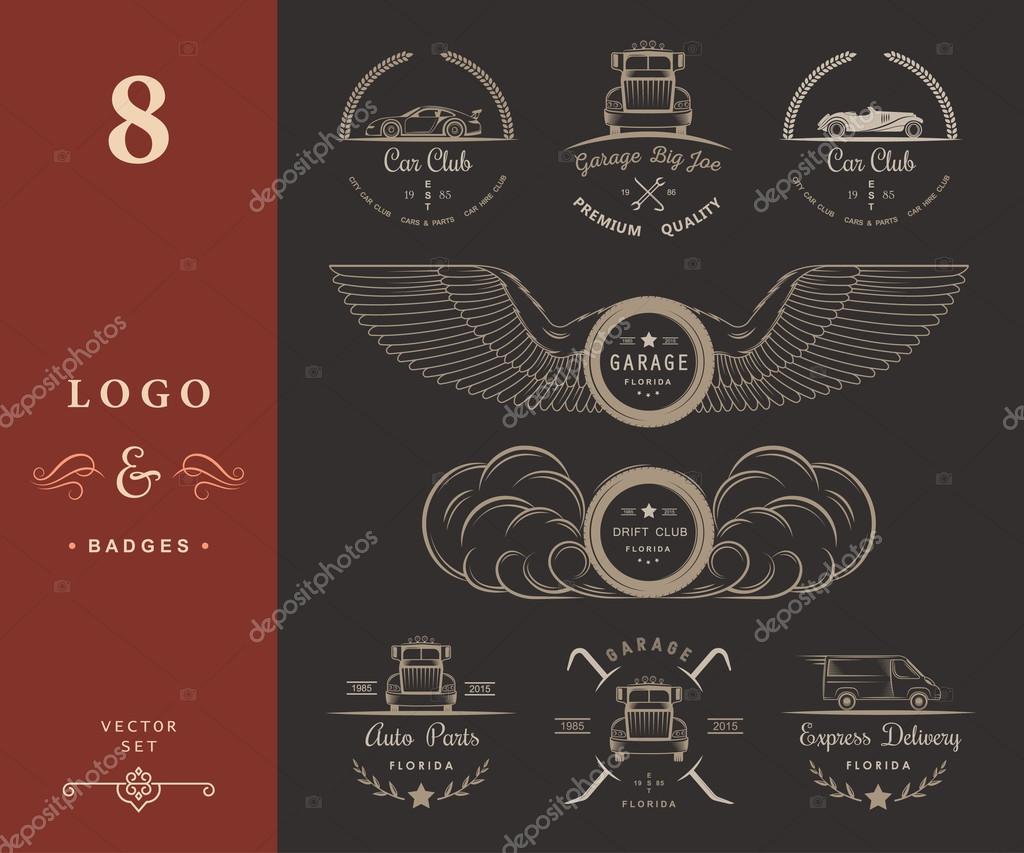 Set of vintage car club, drift club, auto parts and garage labels, badges and design elements. Badges trucks, vintage cars and sports cars.