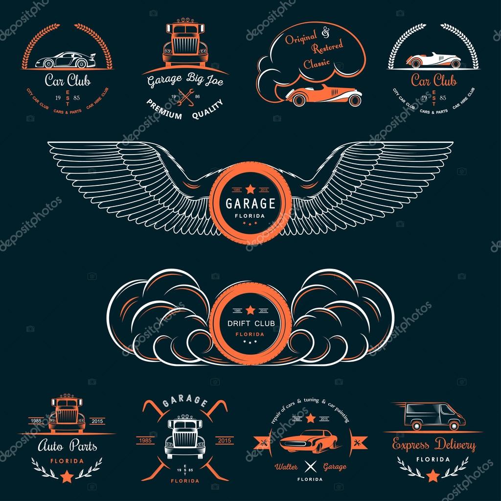 Set of vintage car club, drift club, auto parts and garage labels, badges and design elements. Badges trucks, vintage cars and sports cars.