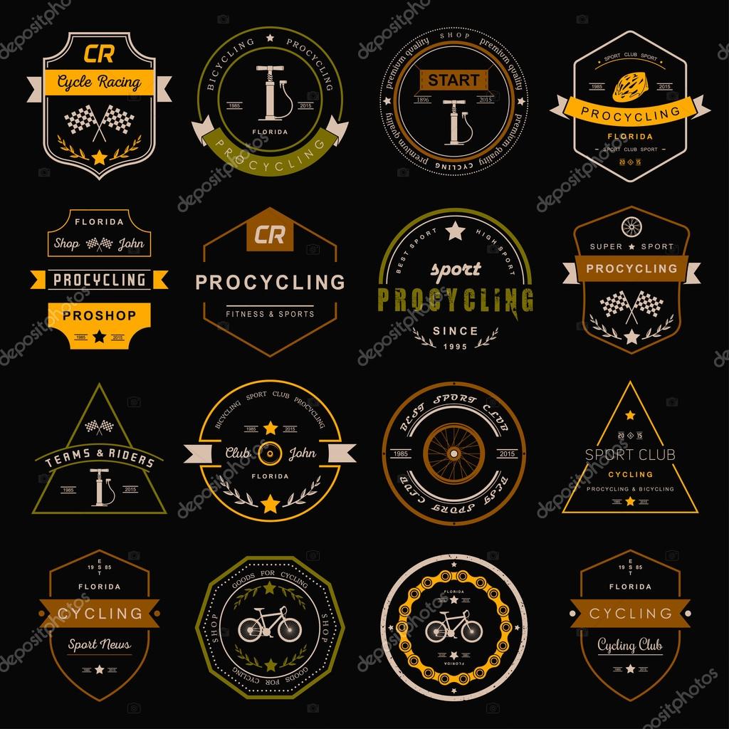 Set of badges and logos cycling. Symbols and emblems pro bike shop and equipment, cycling club and repair shops.
