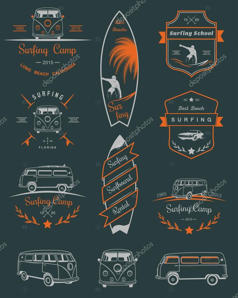 Vector badges and logos surfing, boards and equipment shops, beaches.