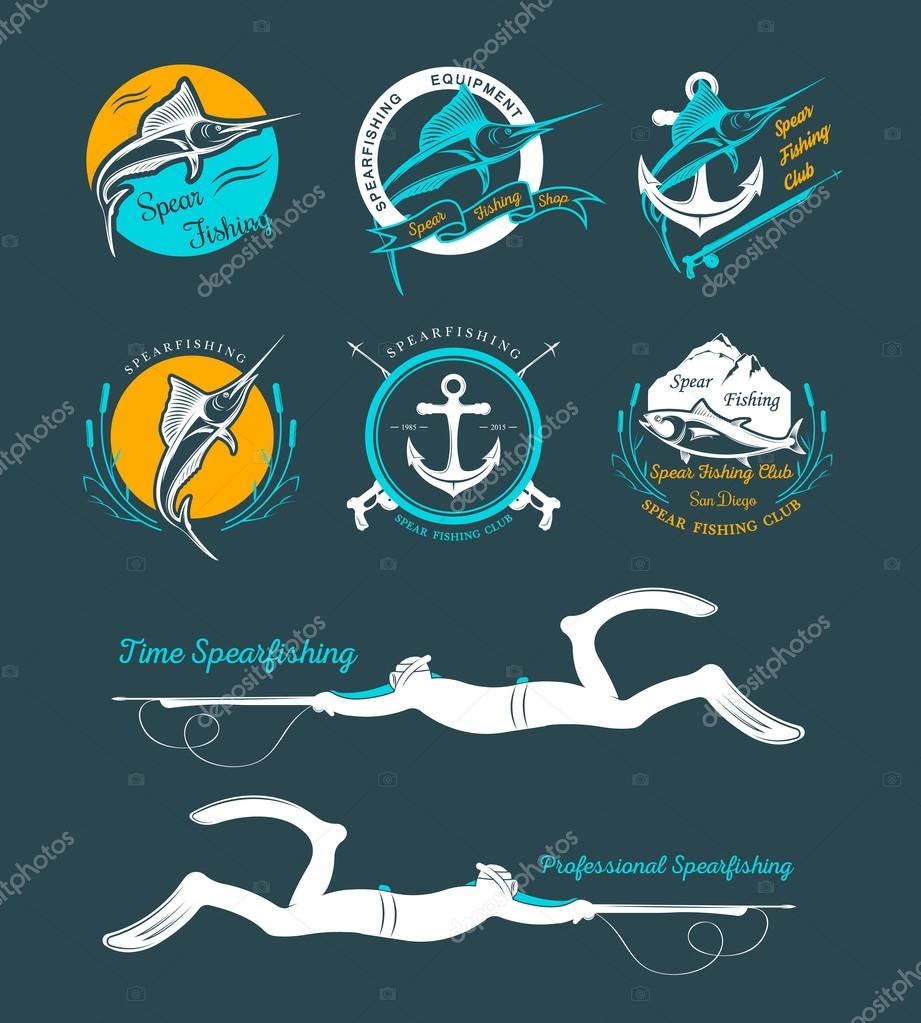 Big set of logos, badges, stickers and prints spearfishing isolated on white background. Premium vector label for spearfishing and underwater swimming - Stock Vector