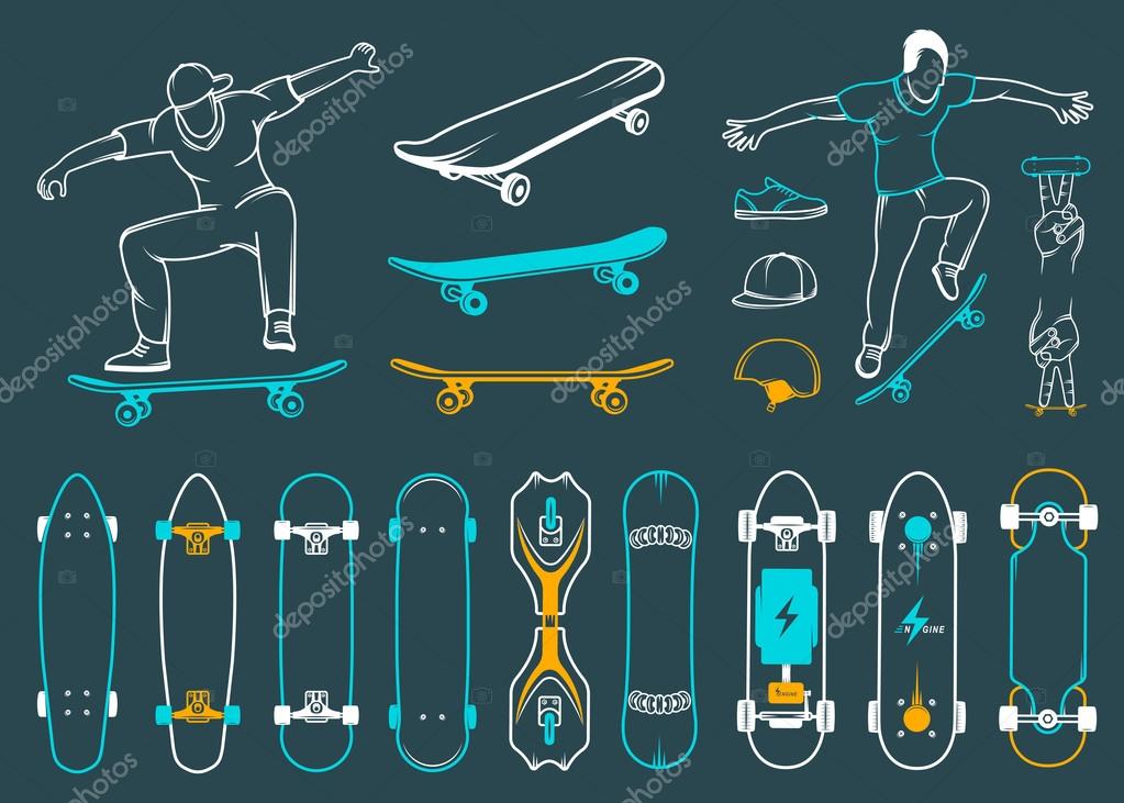 Set of skateboards and skateboarding of equipment, clothing, protection, and elements of street style. Silhouettes tricks skateboarders, and big collection symbols skateboards