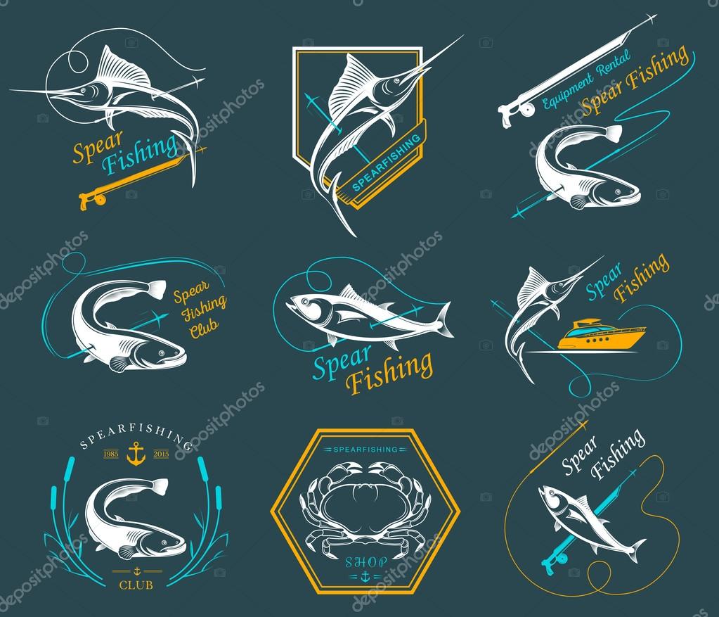 Big set of logos, badges, stickers and prints spearfishing isolated on white background. Premium vector label for spearfishing and underwater swimming - Stock Vector