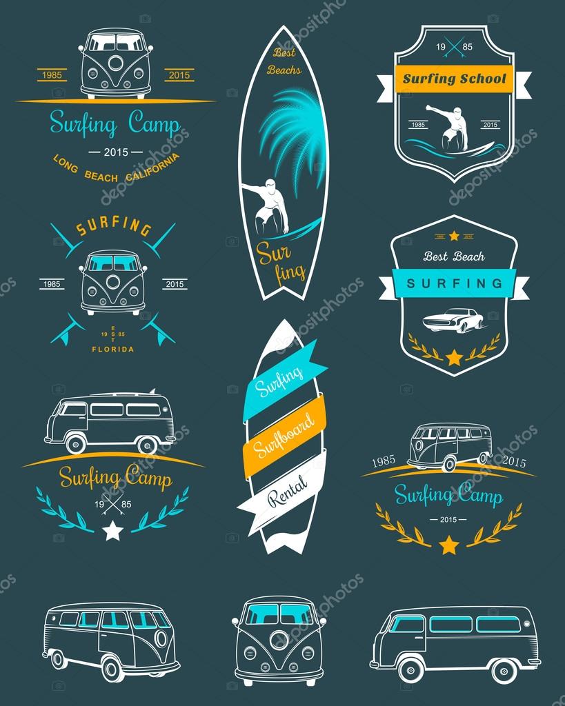 Vector badges and logos surfing, boards and equipment shops, beaches.