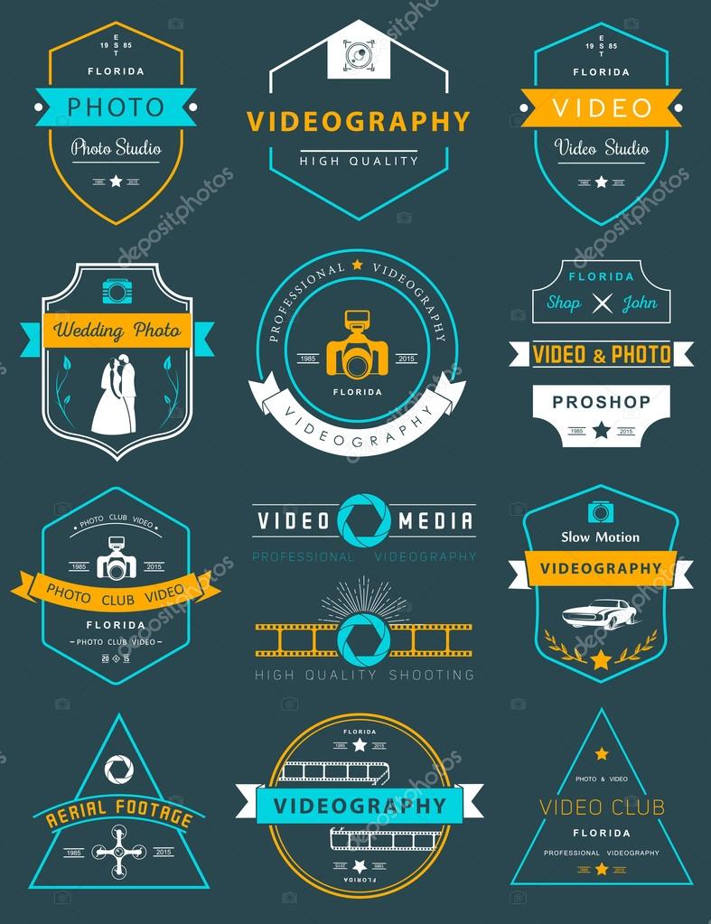 Vector collection of photography and videography logo templates. Photocam, wedding and aerial footage logotypes. Photography vintage badges and icons. Modern mass media icons. Photo labels.