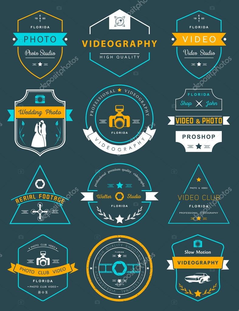 Vector collection of photography and videography logo templates. Photocam, wedding and aerial footage logotypes. Photography vintage badges and icons. Modern mass media icons. Photo labels.