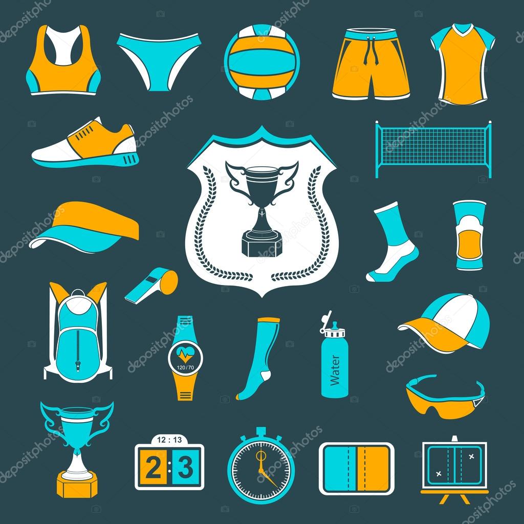 Volleyball icon set - stock vector. Large set of symbols, logos and icons of volleyball. Sports equipment, protection, trackers, silhouettes of players, uniforms, clothing and shoes.