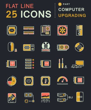 Bilgisayar yükseltme vektör düz çizgi Icons set