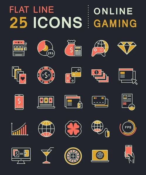 Set Vector Flat Line Icons Online Gaming — Stock Vector