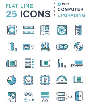 Bilgisayar yükseltme vektör düz çizgi Icons set