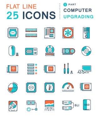 Bilgisayar yükseltme vektör düz çizgi Icons set
