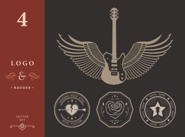 Rock müziği ve rock and roll vintage logoları kümesi