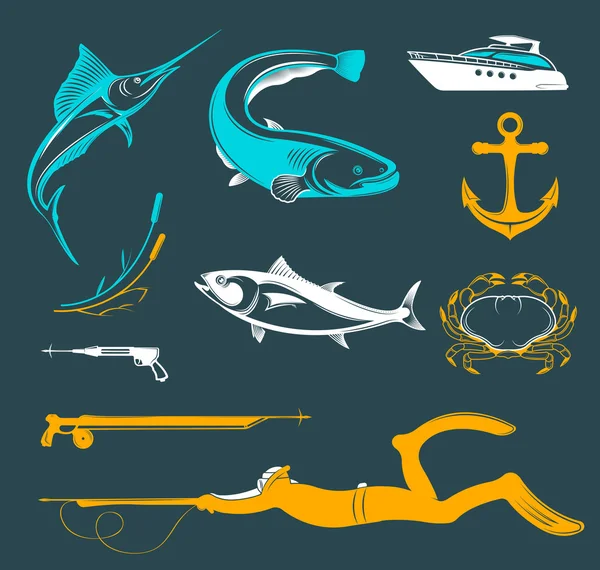 Vektor-Set von Symbolen und Zeichen der Ausrüstung für Speerfischen — Stockvektor