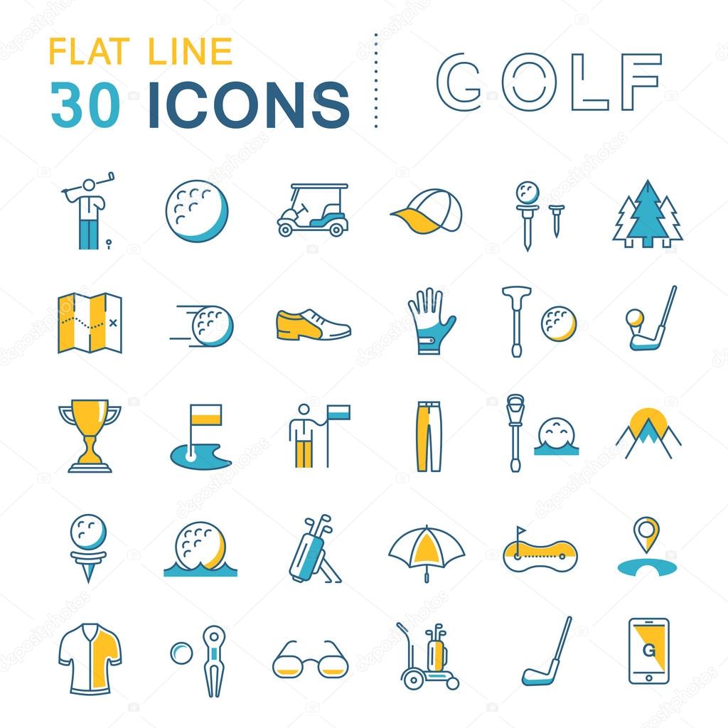 Set vector line icons game golf and golf equipments in flat design with elements for mobile concepts and web apps. Collection modern infographic logo and pictogram