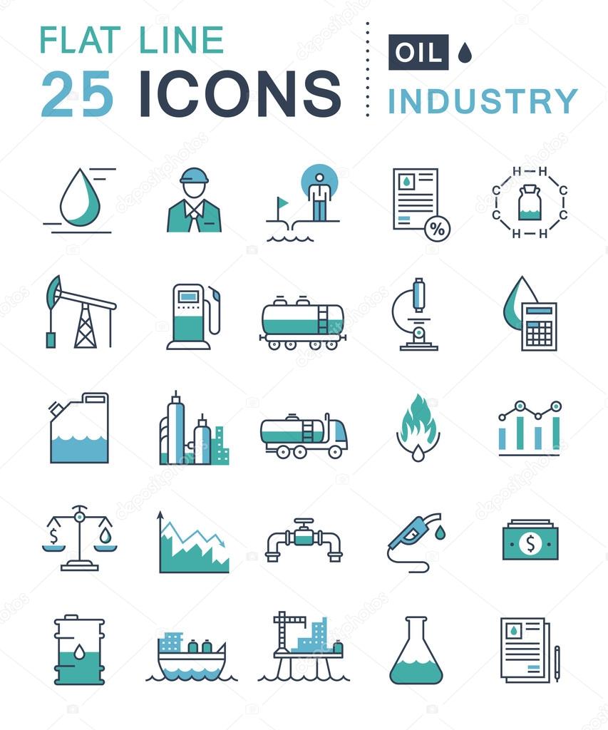 Set vector line icons in flat design oil industry, power and energy production, mining minerals with elements for mobile concepts and web apps. Collection modern infographic logo and pictogram
