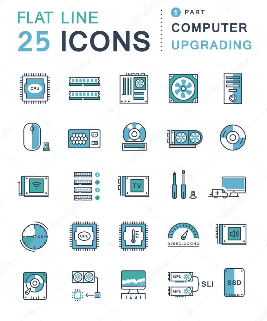 Set vector line icons in flat design upgrading computer and hardware, overclocking, cooling, test cpu and gpu with elements for mobile concepts and web apps. Collection modern infographic logo and pictogram