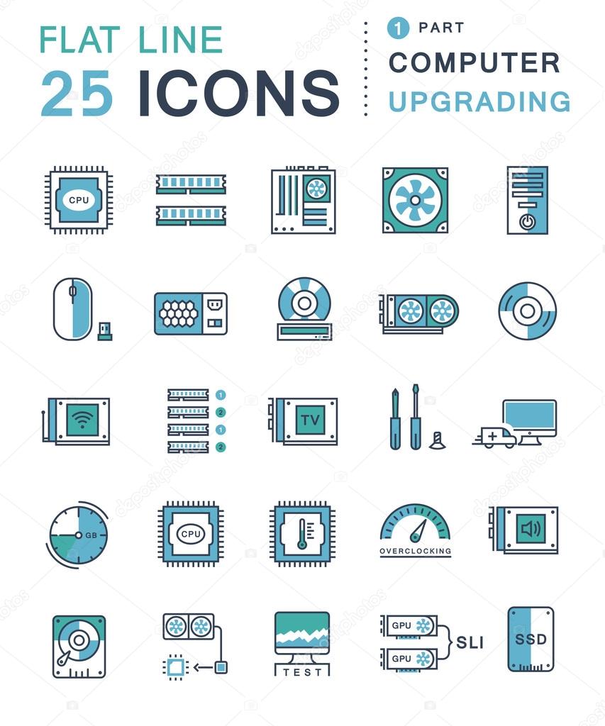 Set Vector Flat Line Icons Upgrading Computer