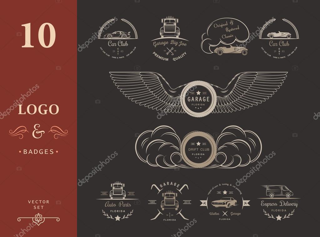 Set of vintage car club, drift club, auto parts and garage labels, badges and design elements. Badges trucks, vintage cars and sports cars.
