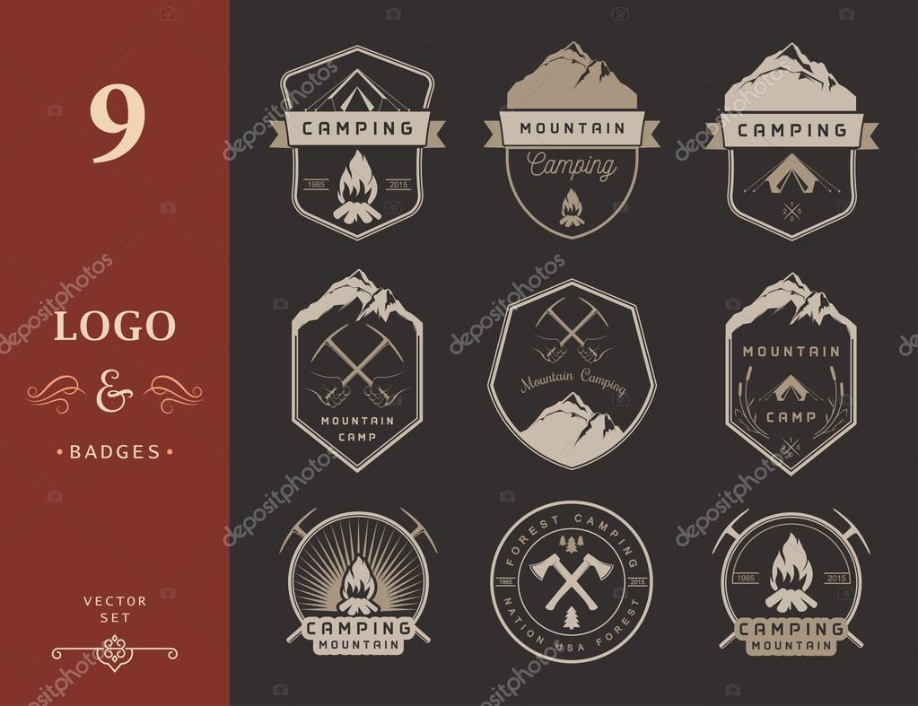 Set of vector logos and badges camping, hiking and outdoor activities. Collection of vintage emblems and symbols of woods camp, travel and mountain camping