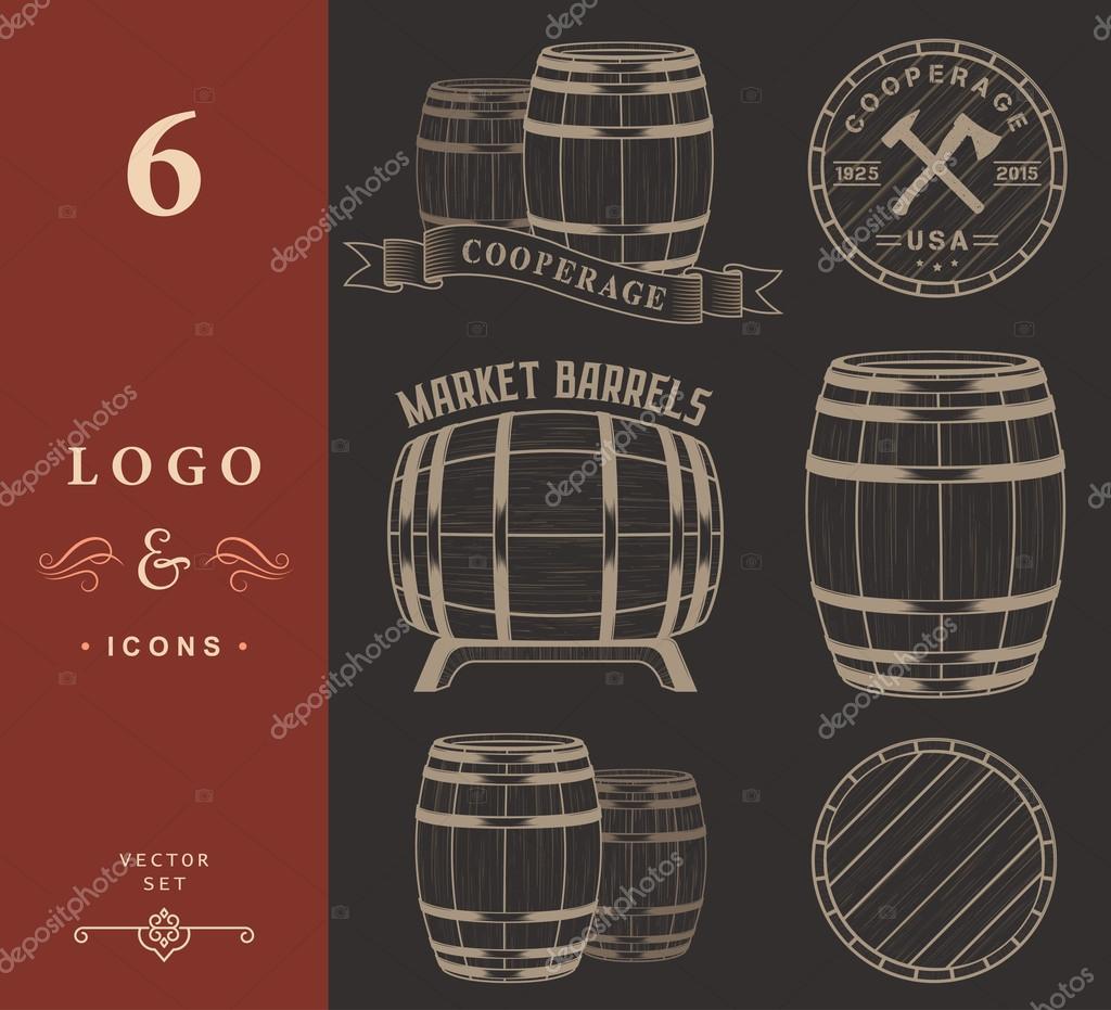 Vector set of badges and logos cooperage workshops. The collection of symbols and emblems on a white background - stock vector