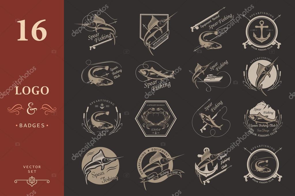 Big set of logos, badges, stickers and prints spearfishing isolated on white background. Premium vector label for spearfishing and underwater swimming - Stock Vector