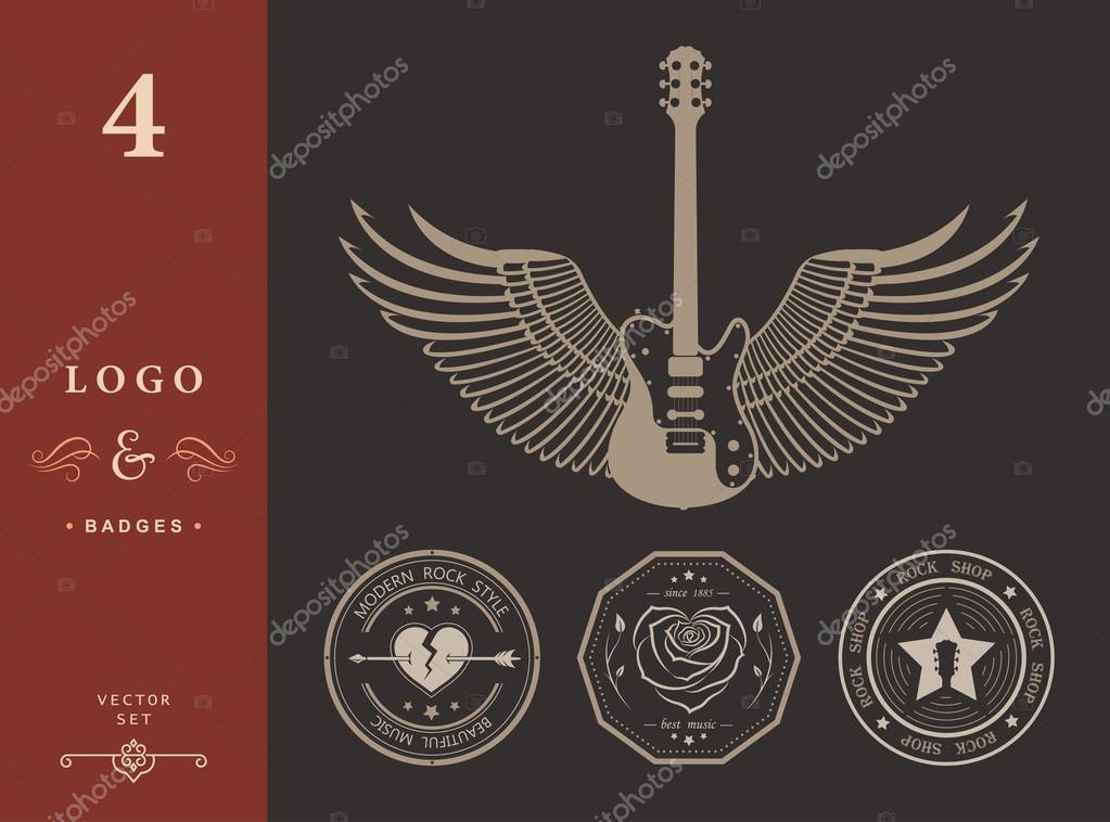 Set of logos rock music and recording studios. Music design elements with font type and illustration vector. Vintage label Rock Beast