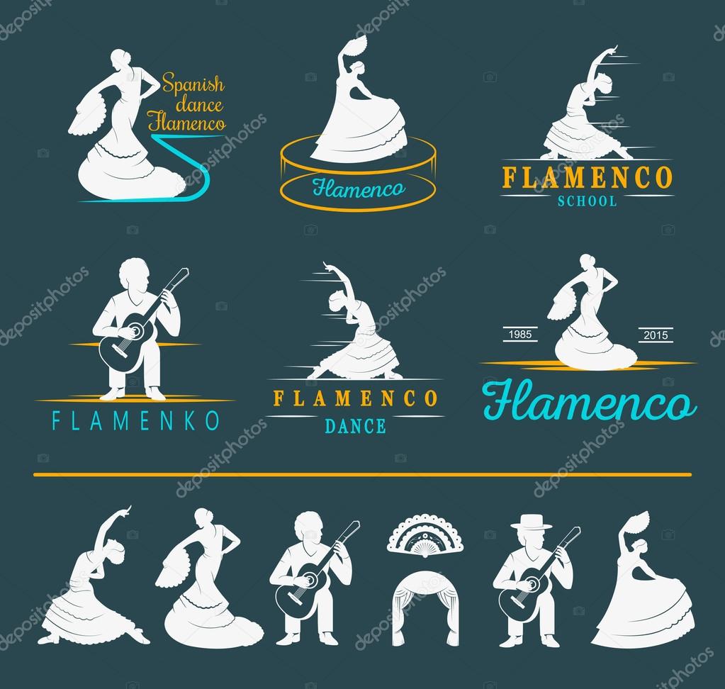 Set of vector logos, badges and silhouettes Flamenco. Collection emblems of traditional Spanish dance, signs school, clubs, shops and studios flamenco isolated on a white background