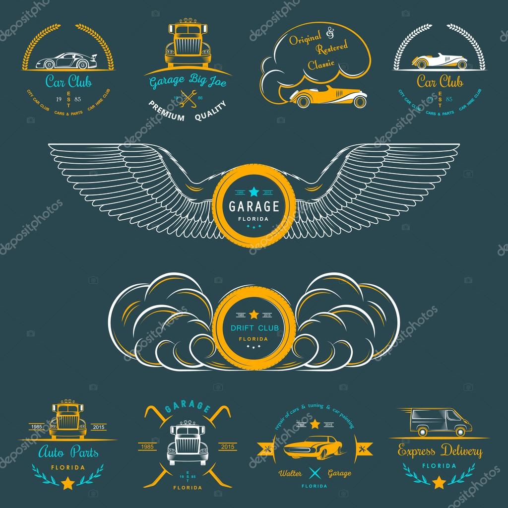 Set of vintage car club, drift club, auto parts and garage labels, badges and design elements. Badges trucks, vintage cars and sports cars.