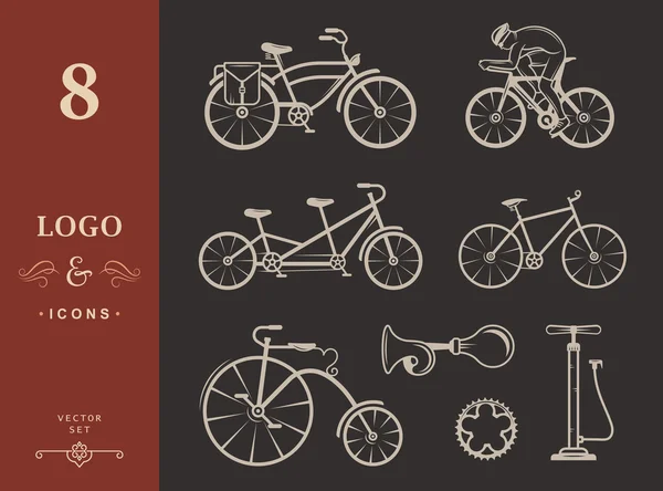 Set Vintage Sign and Silhouette Bicycle and Cycling Sport — Stock Vector