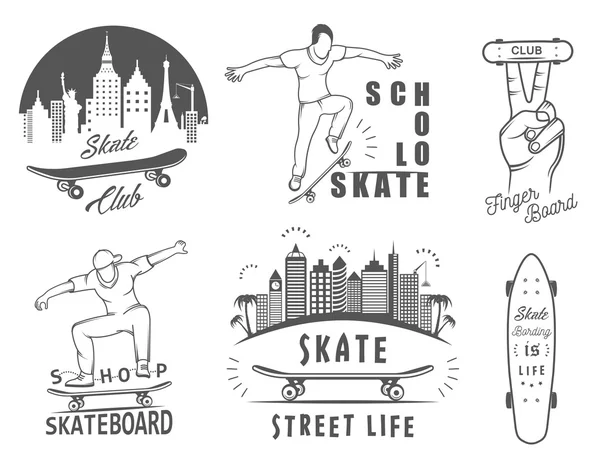 Definir Vector Retro Skateboarding logotipo e emblema —  Vetores de Stock