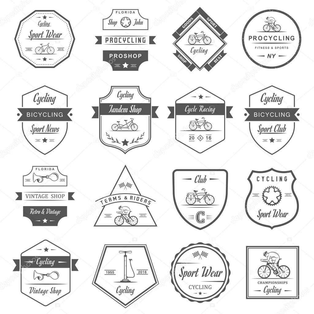 Set of vintage, modern and retro logo badges and labels bicycle, pro bike, shop, equipment and club. Cycling typographic sign, icons and old emblems - Stock Vector