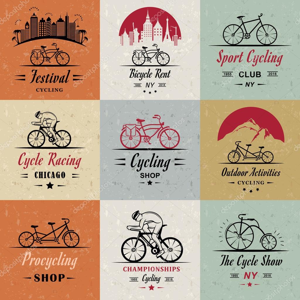 Set of vintage, modern and retro logo badges and labels bicycle, pro bike, shop, equipment and club. Cycling typographic sign, icons and old emblems - Stock Vector