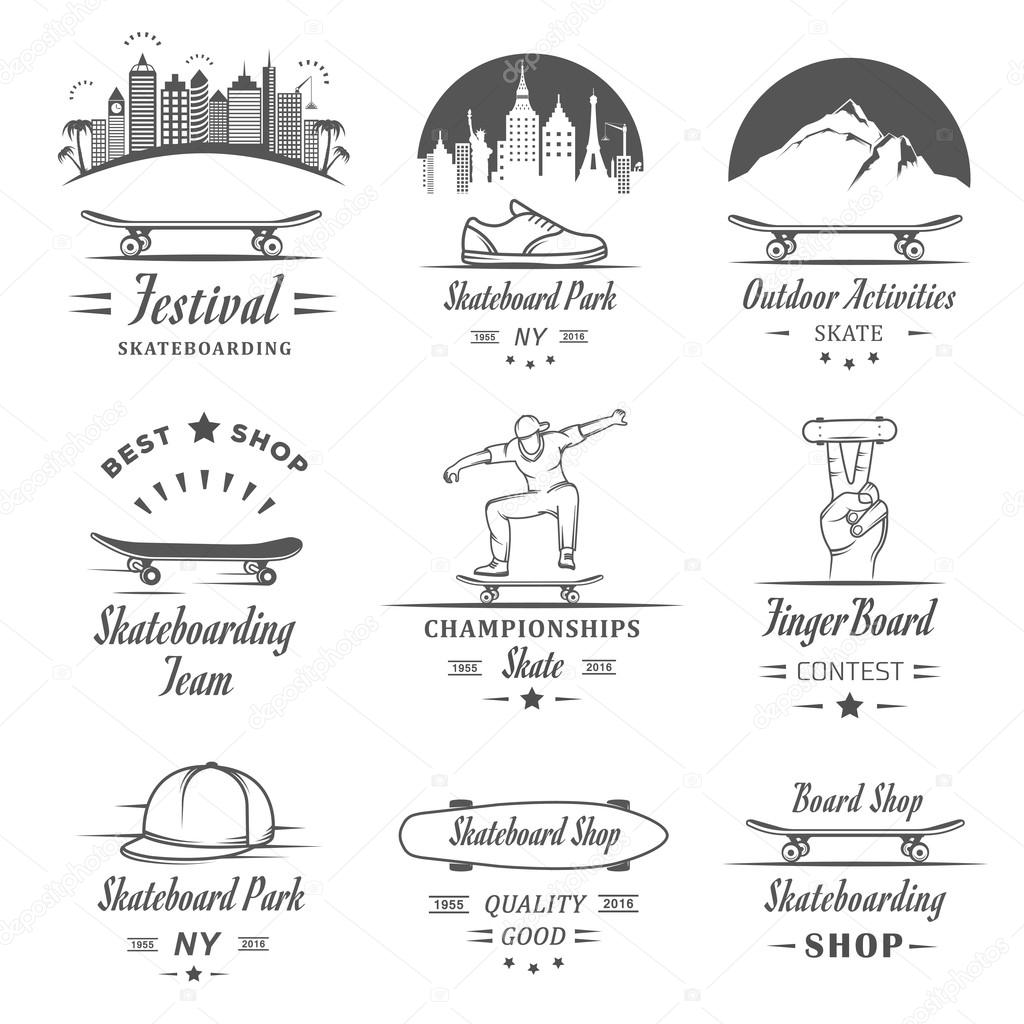 Set of skateboarding logo, badge, emblems, stickers, labels and elements of street style. Collection sign street art, street life and graffiti