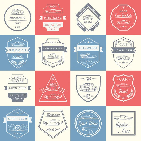 Conjunto vectorial de insignias y letreros de automóviles vintage — Vector de stock