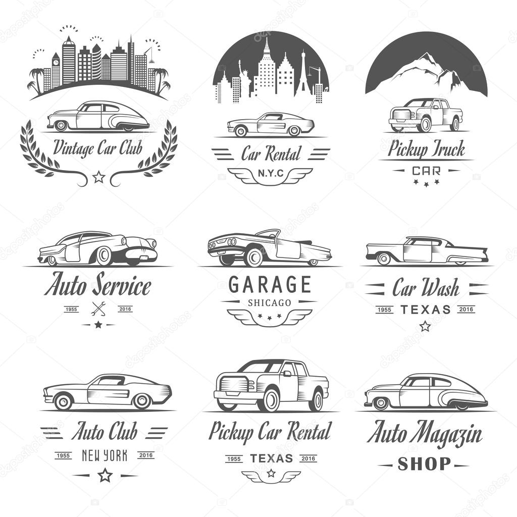 Vector set of vintage car symbols and sign. Car service and car sale retro labels, logos and badges. Collection of auto design elements, frames, ribbons and emblems